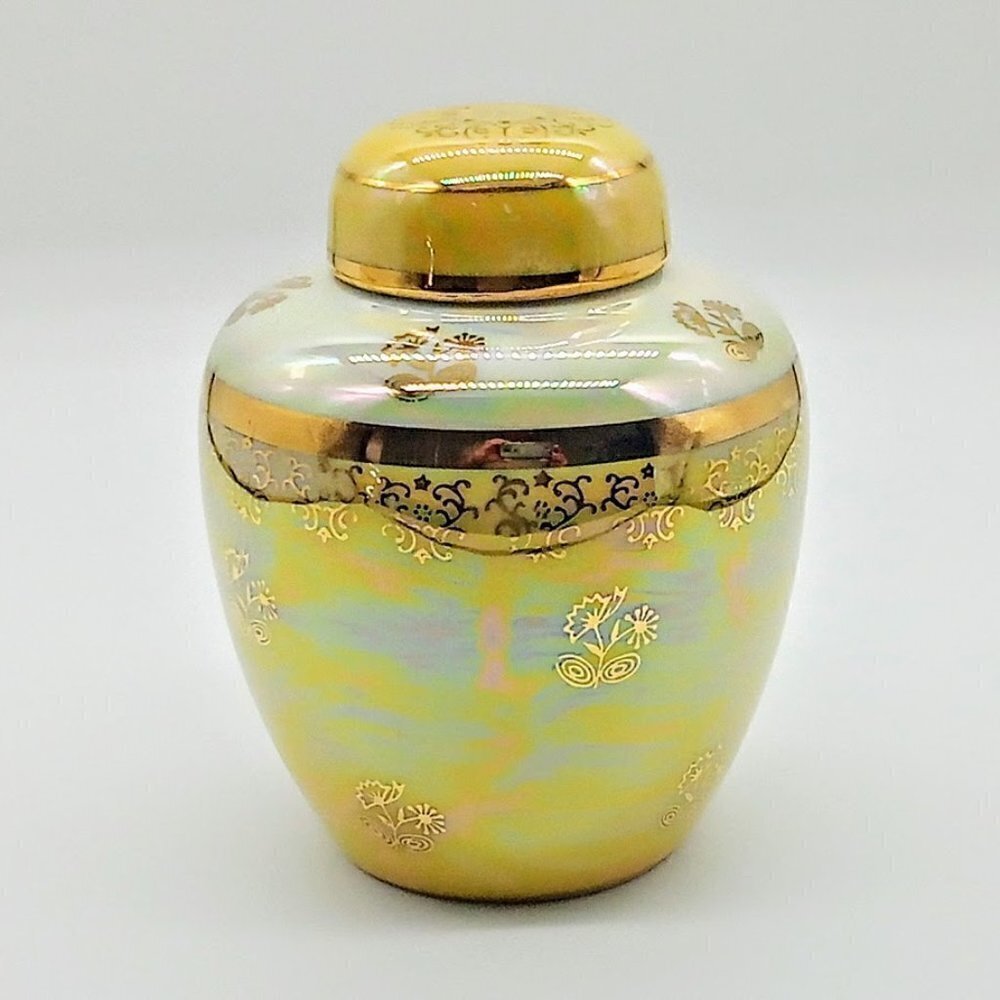 Yellow Iridescent Covered Gold Accented Porcelain Ginger Jar